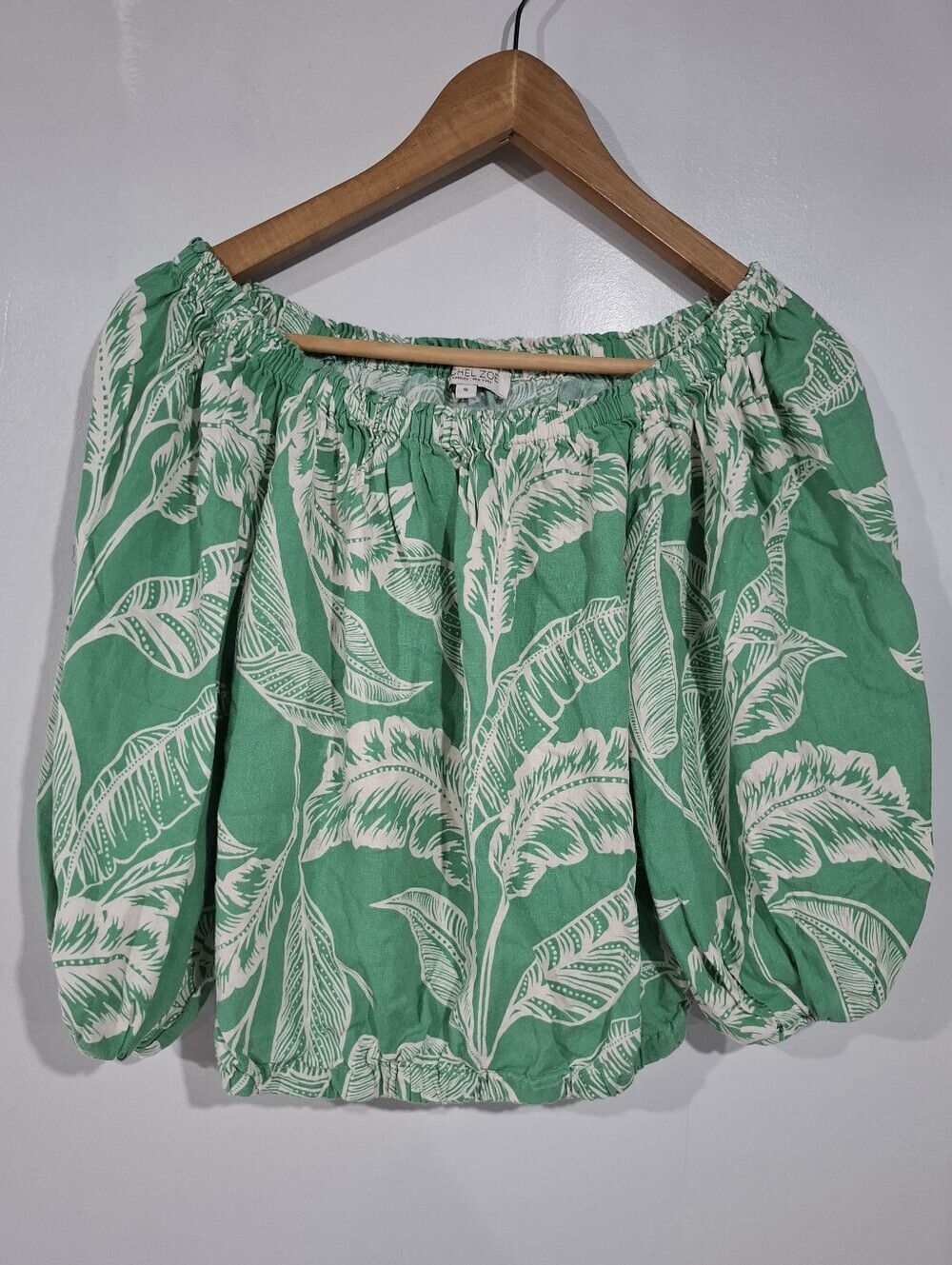 Rachel Zoe White and Green Tropical Print Off-Shoulder Blouse Sz S Linen Blend